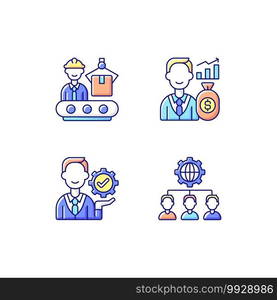 Company hierarchical structure RGB color icons set. Production department. Investor. Outsourcing practice. Converting raw materials. Management. Making profit. Isolated vector illustrations. Company hierarchical structure RGB color icons set