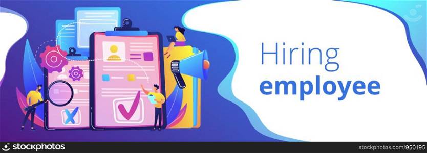 Company hr managers hiring a new employee using resume, magnifier and megaphone. Hiring employee, filling out resume, hiring process concept. Header or footer banner template with copy space.. Hiring employee concept banner header.