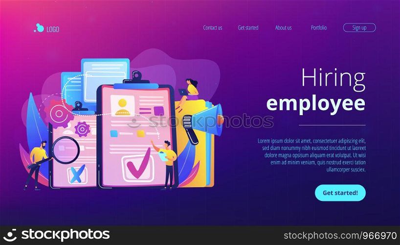 Company hr managers hiring a new employee using resume, magnifier and megaphone. Hiring employee, filling out resume, hiring process concept. Website vibrant violet landing web page template.. Hiring employee concept landing page.