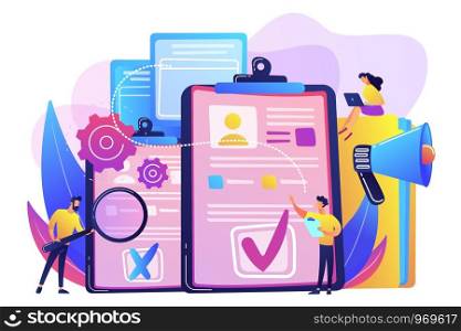 Company hr managers hiring a new employee using resume, magnifier and megaphone. Hiring employee, filling out resume, hiring process concept. Bright vibrant violet vector isolated illustration. Hiring employee concept vector illustration.