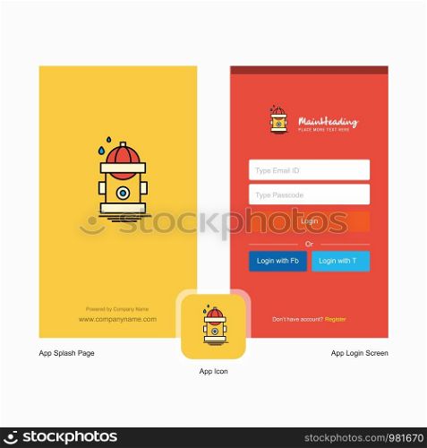 Company Hydrant Splash Screen and Login Page design with Logo template. Mobile Online Business Template