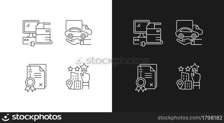 Company image linear icons set for dark and light mode. Goodwill. Technical equipment and owned vehicles. Customizable thin line symbols. Isolated vector outline illustrations. Editable stroke. Company image linear icons set for dark and light mode