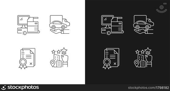 Company image linear icons set for dark and light mode. Goodwill. Technical equipment and owned vehicles. Customizable thin line symbols. Isolated vector outline illustrations. Editable stroke. Company image linear icons set for dark and light mode