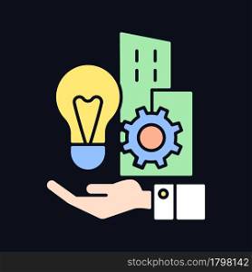 Company inventions RGB color icon for dark theme. Discovery and develop. Lamp, buildings, gear on the hand. Isolated vector illustration on night mode background. Simple filled line drawing on black. Company inventions RGB color icon for dark theme