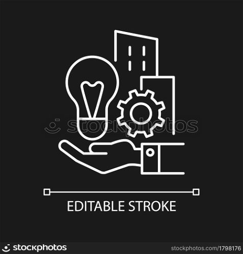 Company inventions white linear icon for dark theme. Lamp, buildings, gear on the hand. Thin line customizable illustration. Isolated vector contour symbol for night mode. Editable stroke. Company inventions white linear icon for dark theme