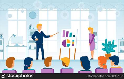 Company Leader, Business Coach, Executive Manager Pointing on Graph, Explaining Company New Strategy, Presenting Financial Indicators on Meeting or Conference With Employees Flat Vector Illustration
