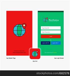 Company Location on globe Splash Screen and Login Page design with Logo template. Mobile Online Business Template