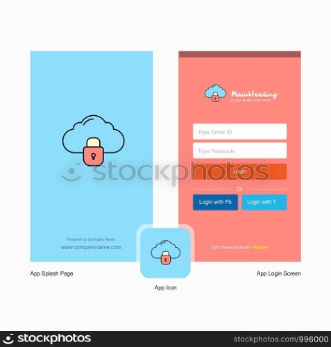 Company Locked cloud Splash Screen and Login Page design with Logo template. Mobile Online Business Template