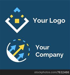 Company logo template, geometric or round label with lines and arrows, logotype presentation in flat design style on blue, innovation and technology vector. Logotype Symbol for Company, Logo Icon Vector