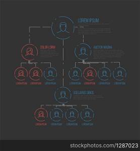 Company management hierarchy schema template with thin line profile icons - dark version