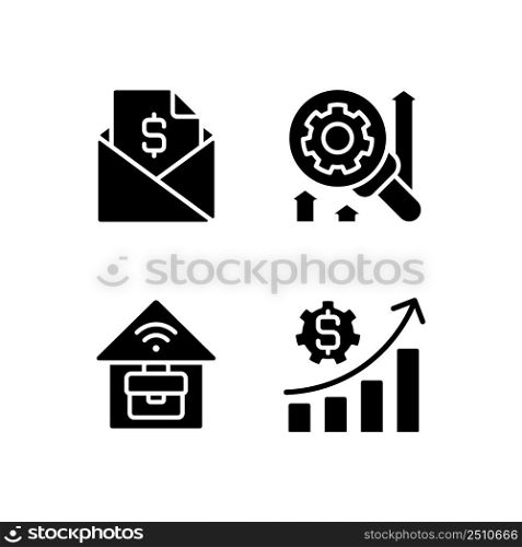 Company management structure black glyph icons set on white space. Sending contracts. Financial planning. Remote job. Research. Silhouette symbols. Solid pictogram pack. Vector isolated illustration. Company management structure black glyph icons set on white space
