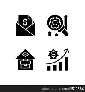 Company management structure black glyph icons set on white space. Sending contracts. Financial planning. Remote job. Research. Silhouette symbols. Solid pictogram pack. Vector isolated illustration. Company management structure black glyph icons set on white space