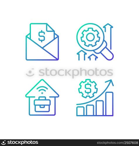 Company management structure gradient linear vector icons set. Sending contracts. Financial planning. Remote job. Thin line contour symbol designs bundle. Isolated outline illustrations collection. Company management structure gradient linear vector icons set