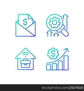 Company management structure gradient linear vector icons set. Sending contracts. Financial planning. Remote job. Thin line contour symbol designs bundle. Isolated outline illustrations collection. Company management structure gradient linear vector icons set