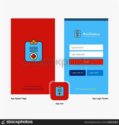 Company Medical clipboard Splash Screen and Login Page design with Logo template. Mobile Online Business Template