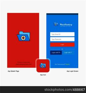 Company Medical folder Splash Screen and Login Page design with Logo template. Mobile Online Business Template