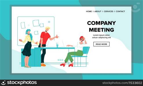 Company Meeting, Briefing Or Conference Vector. Colleagues Organization Company Meeting For Discussion Business Strategy. Businessman And Businesswoman Web Flat Cartoon Illustration. Company Meeting, Briefing Or Conference Vector