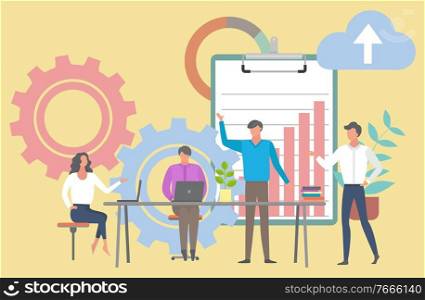 Company meeting business conference vector, boss and employees. Cogwheel with clipboard with infocharts, cloud with direction, house plant decoration. Meeting of Company Workers Partners Clipboard