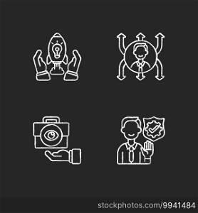 Company mission chalk white icons set on black background. Innovation, project development. Flexibility, business transparency. Service integrity. Isolated vector chalkboard illustrations. Company mission chalk white icons set on black background