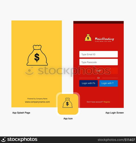 Company Money bag Splash Screen and Login Page design with Logo template. Mobile Online Business Template