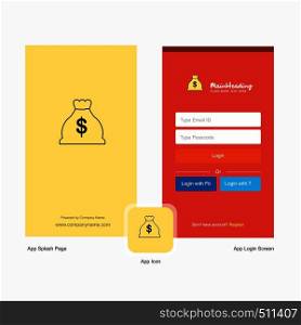 Company Money bag Splash Screen and Login Page design with Logo template. Mobile Online Business Template