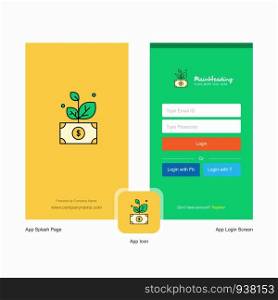 Company Money plant Splash Screen and Login Page design with Logo template. Mobile Online Business Template