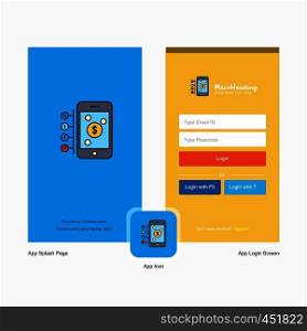 Company Money through smartphone Splash Screen and Login Page design with Logo template. Mobile Online Business Template