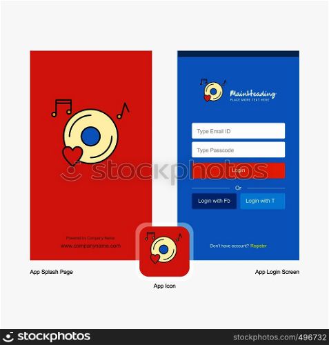 Company Music disk Splash Screen and Login Page design with Logo template. Mobile Online Business Template