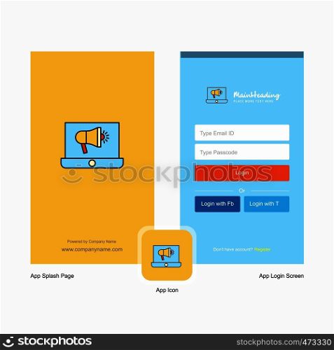 Company Music on Laptop Splash Screen and Login Page design with Logo template. Mobile Online Business Template