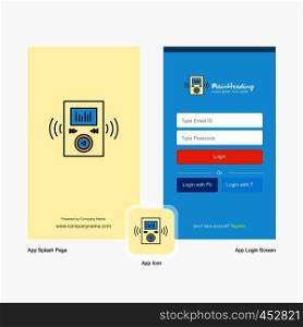 Company Music player Splash Screen and Login Page design with Logo template. Mobile Online Business Template