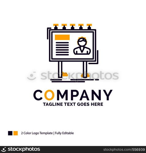 Company Name Logo Design For advertisement, advertising, billboard, poster, board. Purple and yellow Brand Name Design with place for Tagline. Creative Logo template for Small and Large Business.