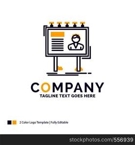 Company Name Logo Design For advertisement, advertising, billboard, poster, board. Purple and yellow Brand Name Design with place for Tagline. Creative Logo template for Small and Large Business.