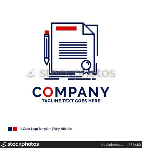 Company Name Logo Design For agreement, contract, deal, document, paper. Blue and red Brand Name Design with place for Tagline. Abstract Creative Logo template for Small and Large Business.