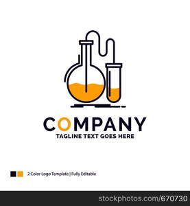 Company Name Logo Design For Analysis, chemistry, flask, research, test. Purple and yellow Brand Name Design with place for Tagline. Creative Logo template for Small and Large Business.