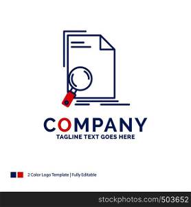 Company Name Logo Design For Analysis, document, file, find, page. Blue and red Brand Name Design with place for Tagline. Abstract Creative Logo template for Small and Large Business.