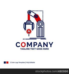 Company Name Logo Design For Automation, factory, hand, mechanism, package. Blue and red Brand Name Design with place for Tagline. Abstract Creative Logo template for Small and Large Business.