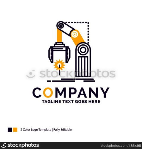 Company Name Logo Design For Automation, factory, hand, mechanism, package. Purple and yellow Brand Name Design with place for Tagline. Creative Logo template for Small and Large Business.