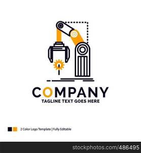Company Name Logo Design For Automation, factory, hand, mechanism, package. Purple and yellow Brand Name Design with place for Tagline. Creative Logo template for Small and Large Business.
