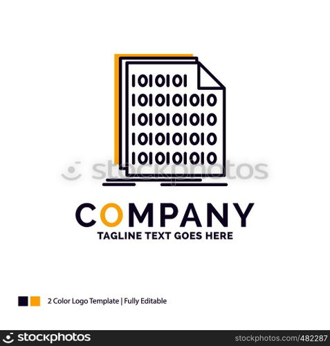 Company Name Logo Design For Binary, code, coding, data, document. Purple and yellow Brand Name Design with place for Tagline. Creative Logo template for Small and Large Business.