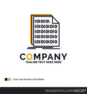 Company Name Logo Design For Binary, code, coding, data, document. Purple and yellow Brand Name Design with place for Tagline. Creative Logo template for Small and Large Business.