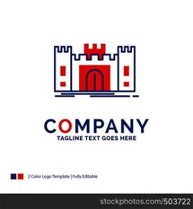 Company Name Logo Design For Castle, defense, fort, fortress, landmark. Blue and red Brand Name Design with place for Tagline. Abstract Creative Logo template for Small and Large Business.