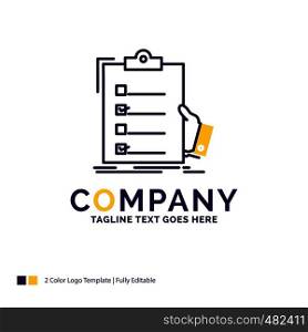 Company Name Logo Design For checklist, check, expertise, list, clipboard. Purple and yellow Brand Name Design with place for Tagline. Creative Logo template for Small and Large Business.