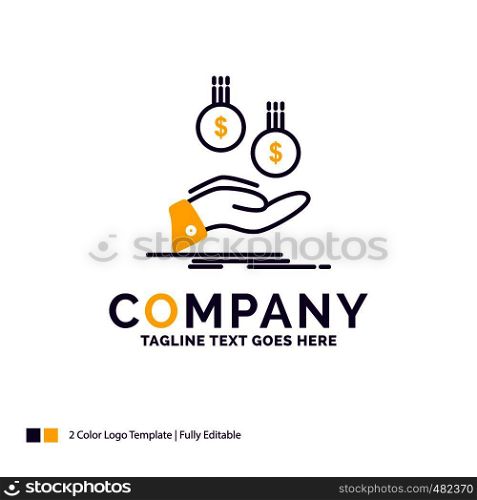 Company Name Logo Design For coins, hand, currency, payment, money. Purple and yellow Brand Name Design with place for Tagline. Creative Logo template for Small and Large Business.