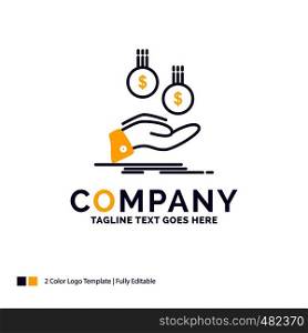 Company Name Logo Design For coins, hand, currency, payment, money. Purple and yellow Brand Name Design with place for Tagline. Creative Logo template for Small and Large Business.