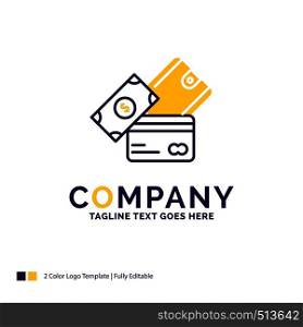 Company Name Logo Design For credit card, money, currency, dollar, wallet. Purple and yellow Brand Name Design with place for Tagline. Creative Logo template for Small and Large Business.
