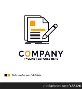 Company Name Logo Design For document, file, page, pen, Resume. Purple and yellow Brand Name Design with place for Tagline. Creative Logo template for Small and Large Business.