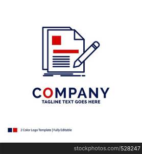 Company Name Logo Design For document, file, page, pen, Resume. Blue and red Brand Name Design with place for Tagline. Abstract Creative Logo template for Small and Large Business.
