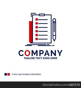 Company Name Logo Design For expertise, checklist, check, list, document. Blue and red Brand Name Design with place for Tagline. Abstract Creative Logo template for Small and Large Business.