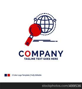 Company Name Logo Design For global, globe, magnifier, research, world. Blue and red Brand Name Design with place for Tagline. Abstract Creative Logo template for Small and Large Business.