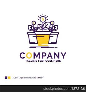 Company Name Logo Design For growth, money, plant, pot, tree. Purple and yellow Brand Name Design with place for Tagline. Creative Logo template for Small and Large Business.